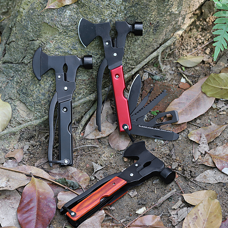 户外野营战术红色多功能斧头不锈钢露营多用斧头救生锤子组合工具