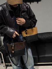复古撞色麂皮绒手提水桶包包女2025秋冬新款时尚百搭单肩斜挎小包