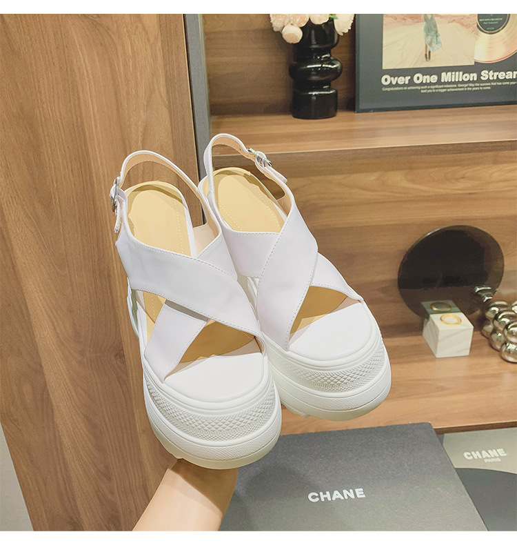 Sandal da bò hở mũi gót xuồng 14cm tăng chiều cao phong cách La Mã — Màu trắng, Màu mơ chi tiết 9
