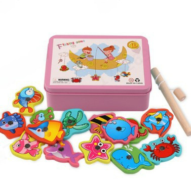 Small Box Wooden Iron Box Magnetic Fishing Toy Educational Parent-Child Interactive Game Building Block Fishing Game