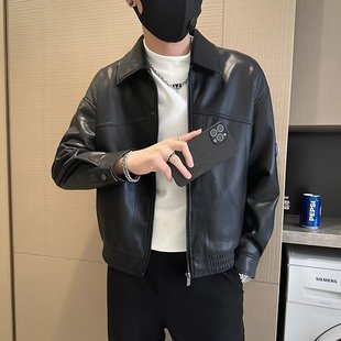 New Artistic High-end Short Leather Jacket Men's 2024 New regular All-match Unbranded Lapel