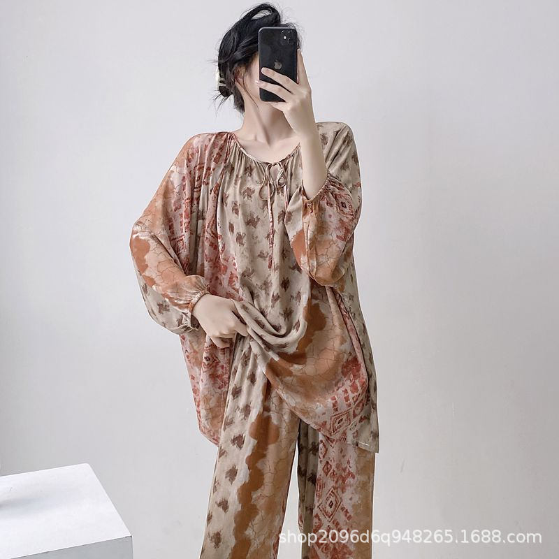 女性用パジャマ、春と秋の長袖人工綿シルク、国民風プリント、ゆったりとした大きいサイズの綿シルクホーム服セット、薄手|undefined
