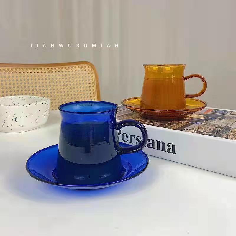 Heat-Resistant Soy Milk Colored Glass Cup with Saucer Coffee Cup Milk Cup Water Cup Cup and Saucer Set Milk Tea