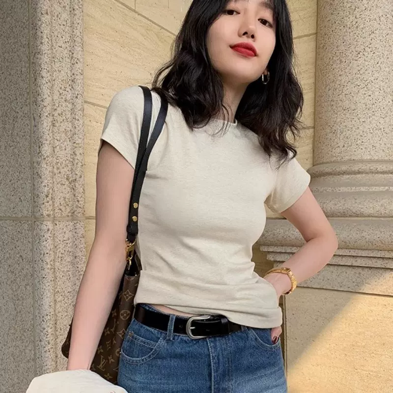 美式白色t恤女260g重磅正肩短袖打底衫欧货显瘦圆领棉质叠穿上衣