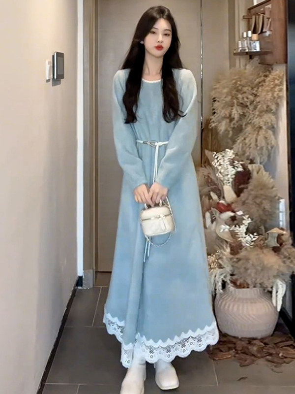 蓝色蕾丝连衣裙子女2025新款早秋季法式气质高级感别致绝美长裙|undefined