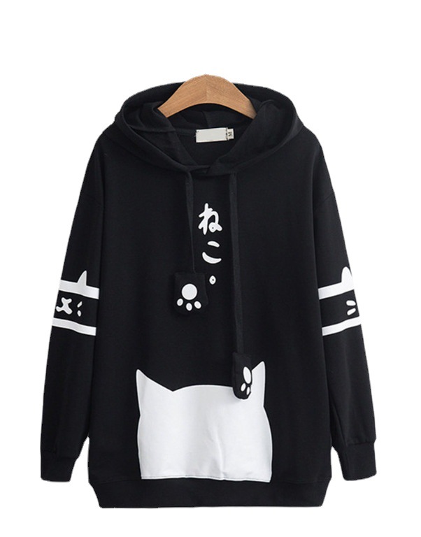 Áo hoodie dài tay in hình đầu mèo đơn giản mùa thu dành cho nữ Áo khoác len nữ có sẵn của nhà sản xuất