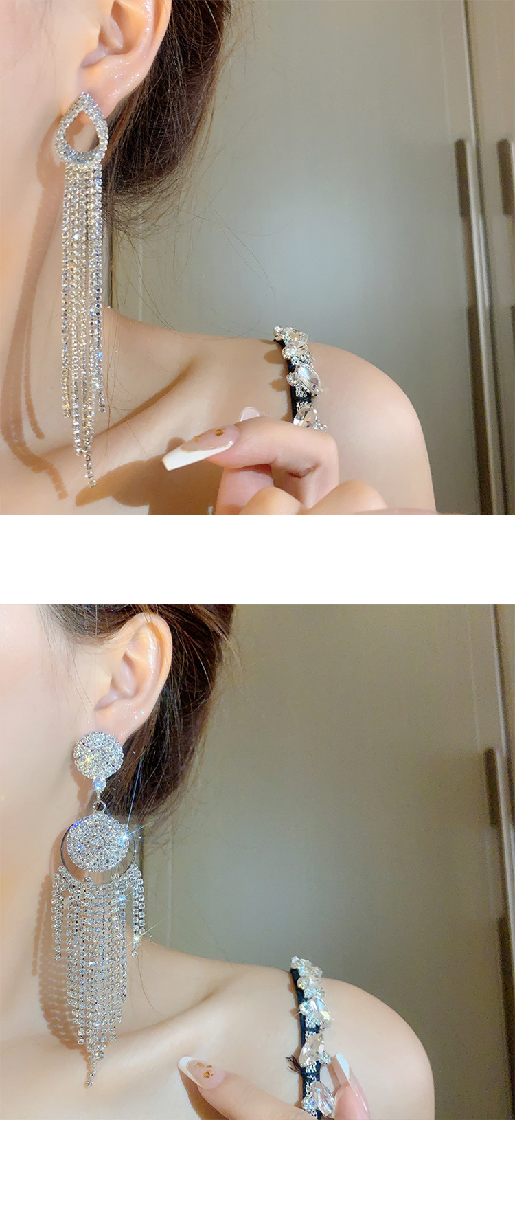 Retro full diamond long tassel earrings for women in Europe and America, exaggerated temperament, earrings, high-end feeling, light luxury earrings_voghion.com