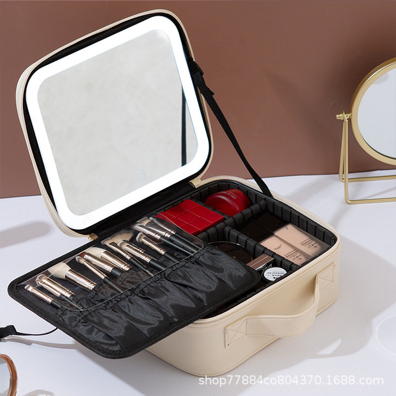 Wholesale Leather Cosmetic and Skincare Storage Bag with Led Mirror, Portable Travel Storage Box Bag with Led Mirror Model