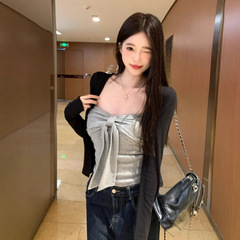 韩系高级感黑色长袖外套女早秋季2025新款开衫配抹胸吊带上衣套装