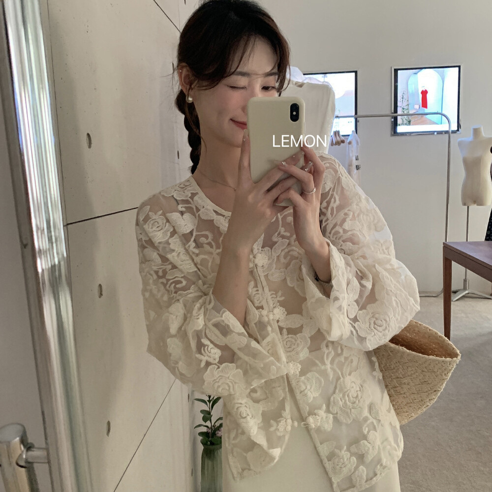 THE LEMON 新中式国风重工蕾丝刺绣衬衫女夏季盘扣薄款小衫防晒衣