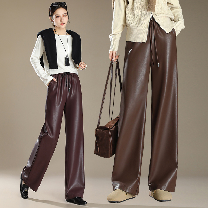 High-End Fashionable Women's Versatile Wide-Leg Leather Pants, High-Waisted Sheepskin Lace-Up Slim-Fit Casual Pants for Moms