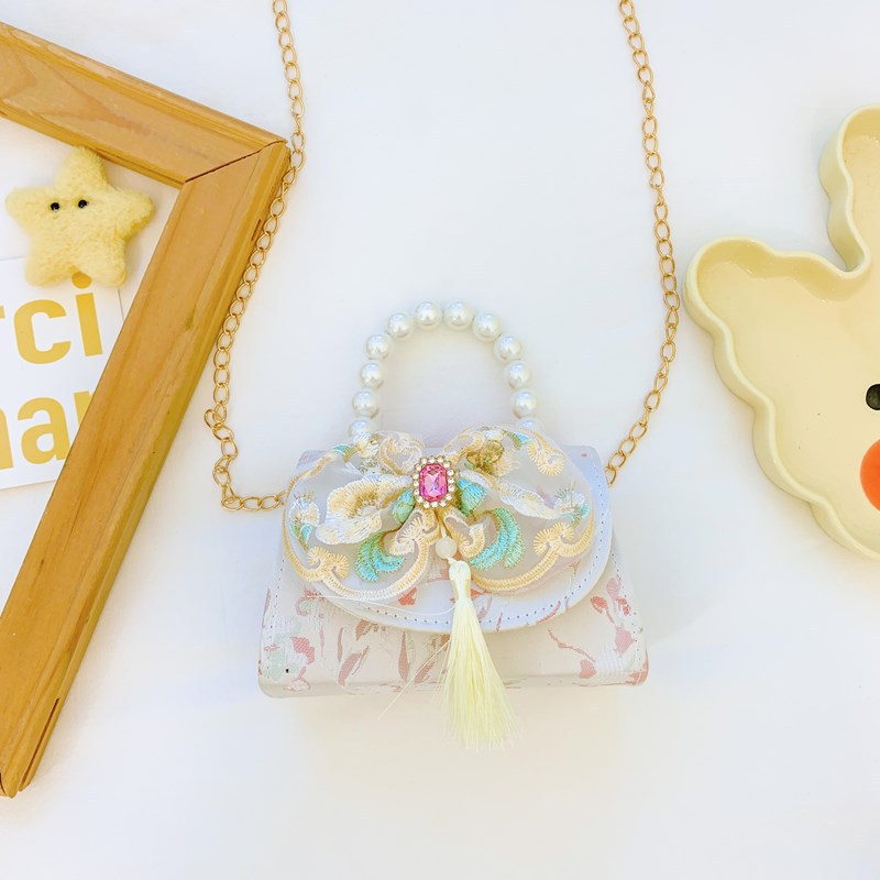 Hermoso bolso de arco de perla para niños nuevo estilo antiguo bolso de borda estilo chino colorido bolso de hombro con diamantes