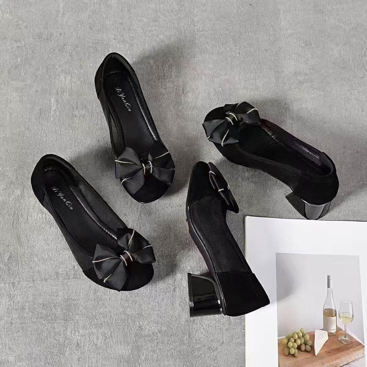 Giày búp bê nữ mũi tròn da thật lưới gót thấp 3 cm đế mềm — Đen 3cm chi tiết 9