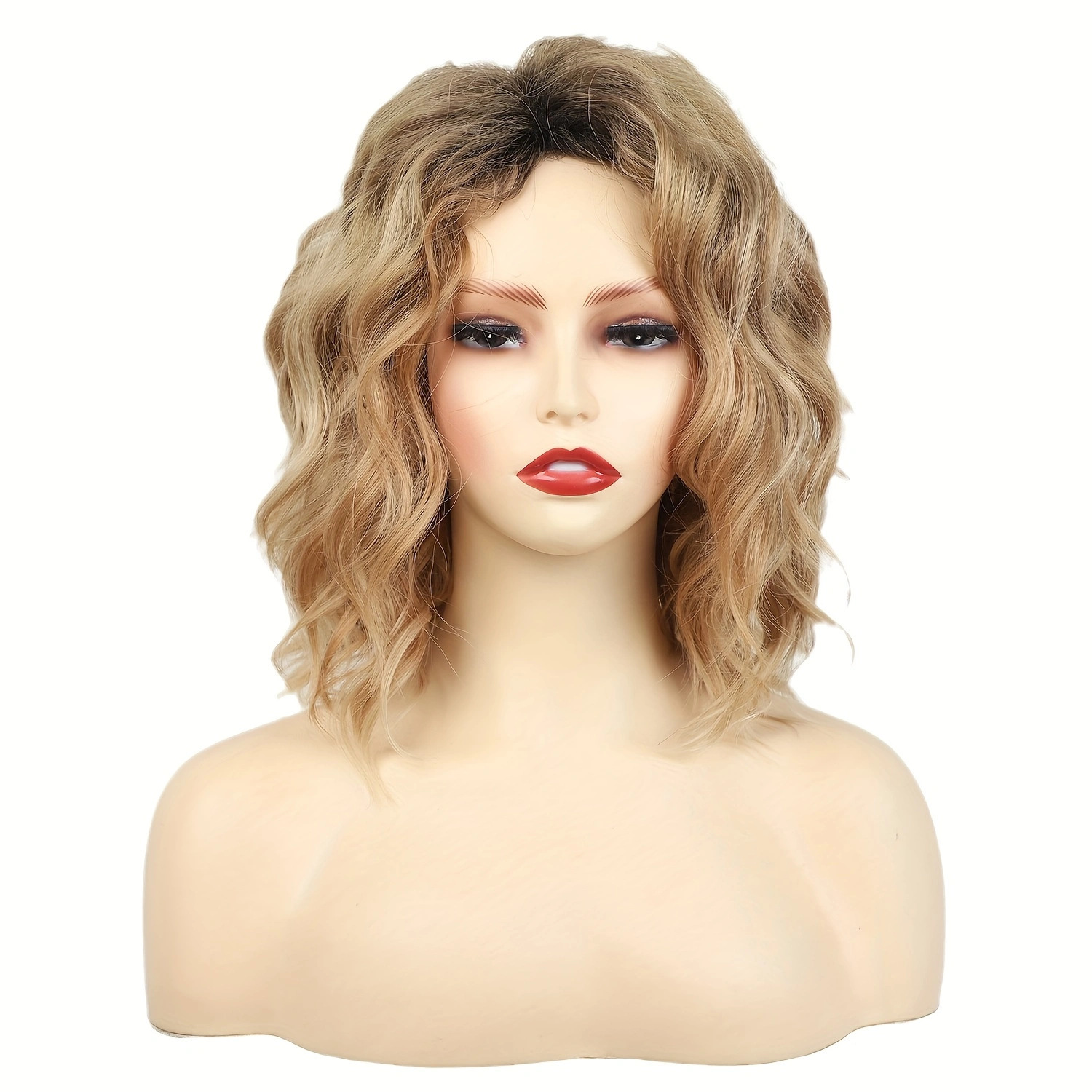 Short Curly Synthetic Wig With Gradient Gold Roots Body Wave_voghion.com