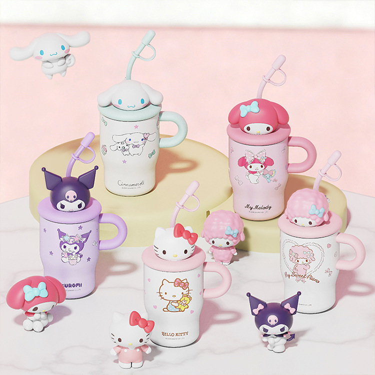 New Cartoon Kt Water Cup, High-Looking Stainless Steel Cup with Handle and Straw, Ice Cup for Female Students, Portable Thermos Cup