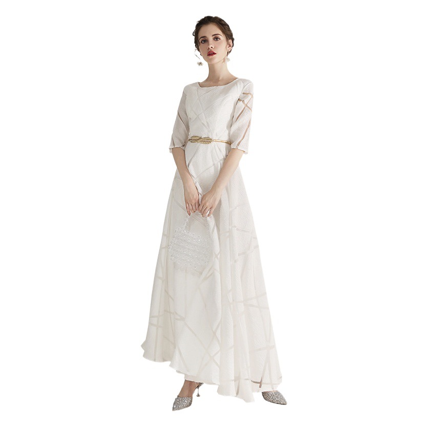 Vestido de Noche Blanco para Anfitriona Hombros Descubiertos Media Manga Falda A-line
