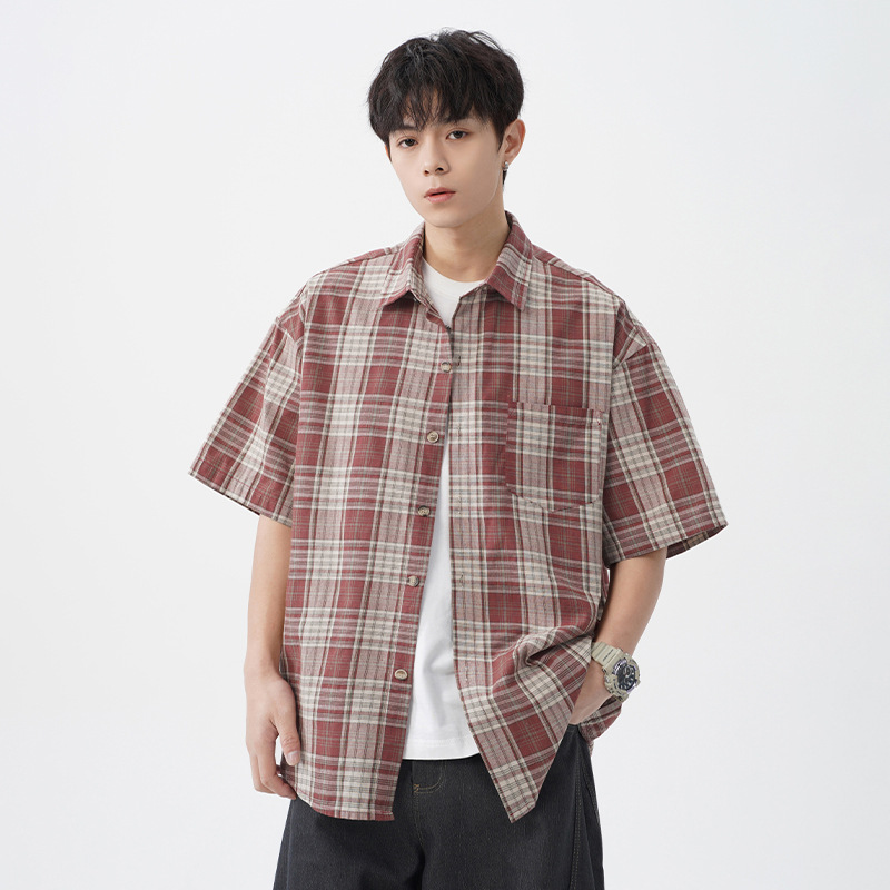 American Retro Contrast Color Plaid Short-Sleeved Shirt for Men 2025 Spring and Summer New Fashion Brand Loose Couple Shirt Jacket Q