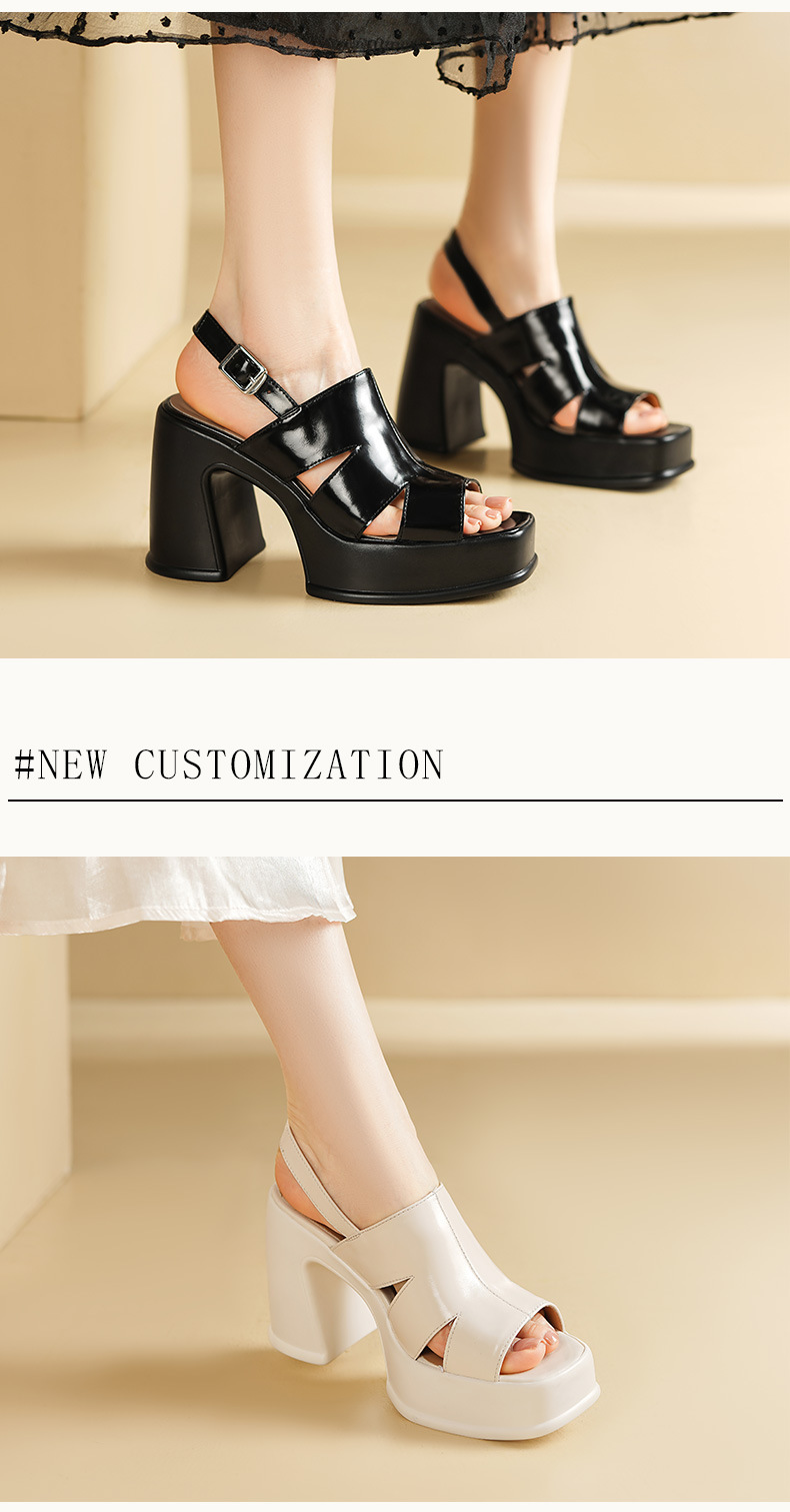 Sandal cao gót nữ hở mũi đế xuồng da thật gót 11 cm quai ngang kiểu La Mã — màu đen, màu trắng ngà chi tiết 3