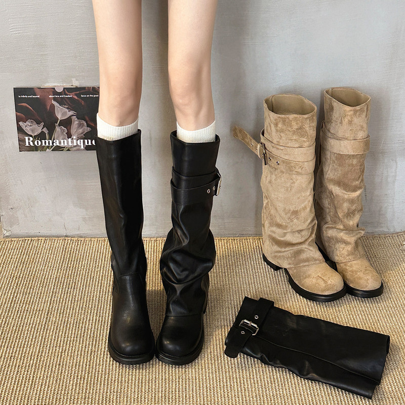 Stylish and fashionable retro-style belt buckle long boots for women, 2026 autumn collection, elegant chunky heel, slimming effect, riding boots, and platform boots Stylish and fashionable retro-style belt buckle long boots for women, 2026 autumn collection, elegant chunky heel, slimming effect, riding boots, and platform boots