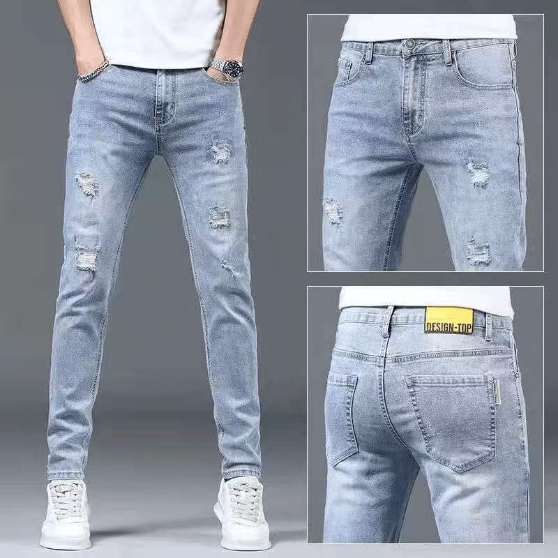 Hong Kong High-End Ripped Jeans for Men, Summer Thin Style, Trendy Stretch Straight-Leg Slim Pants, Casual Versatile Long Pants Hong Kong High-End Ripped Jeans for Men, Summer Thin Style, Trendy Stretch Straight-Leg Slim Pants, Casual Versatile Long Pants