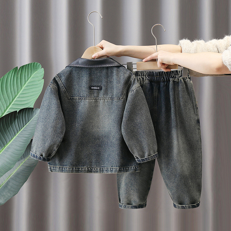 7685 niños nuevo traje de mezclilla chino primavera y otoño para niños ropa de estilo nacional 2025 nuevo traje de dos piezas de primavera