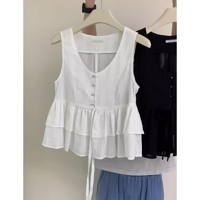 夏のシックなシャツウエストトップデザインノースリーブシャツ女性用|undefined