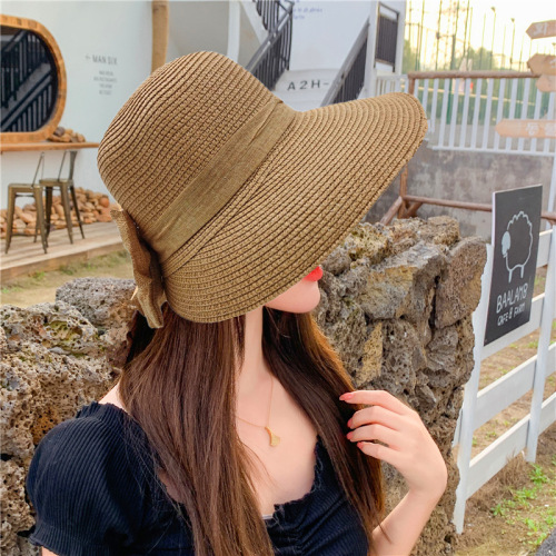 Summer bow sun hat Korean style large brim straw hat trendy wide brim folding summer sun hat women's sun protection beach hat