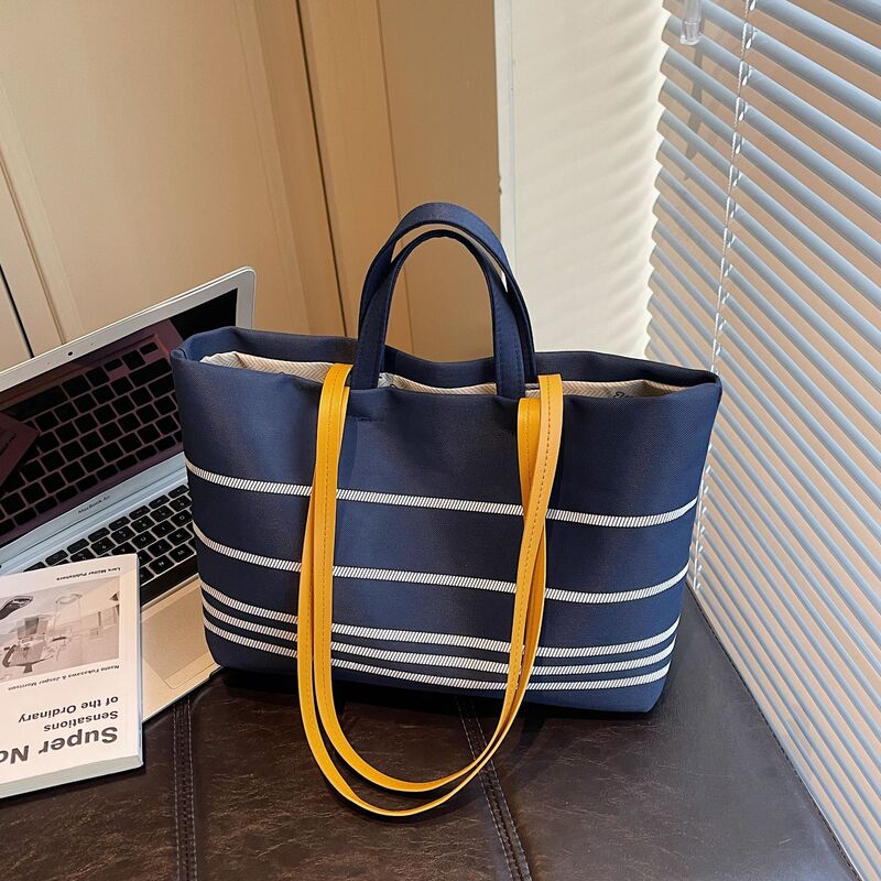 Cross-border bestseller 2026 new niche navy-style striped canvas large shopping tote bag, shoulder and handbag for women Cross-border bestseller 2026 new niche navy-style striped canvas large shopping tote bag, shoulder and handbag for women