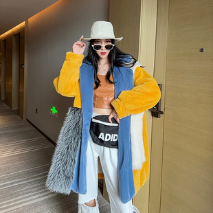 Fashion trendy faux fur coat winter fur integrated Tuscan fur coat contrast color lapel large coat