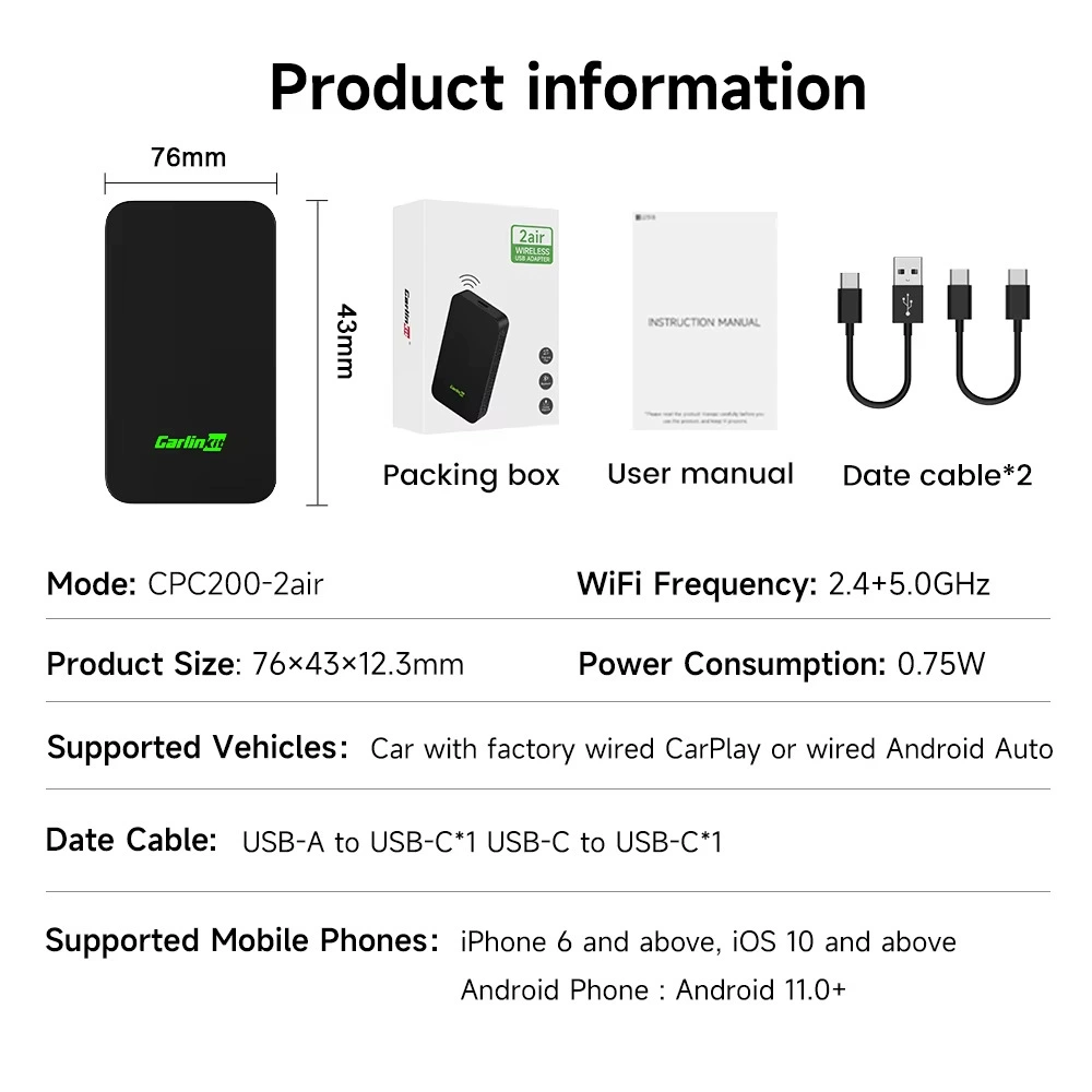 CarlinKit CPC200-2air 5 проводной к беспроводному CarPlay, межсоединение автомобиля, Android