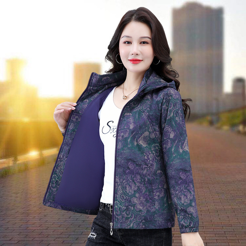 2025秋季新款连帽可拆缷夹克外套女中年妈妈装洋气数码印花拉链衫|undefined
