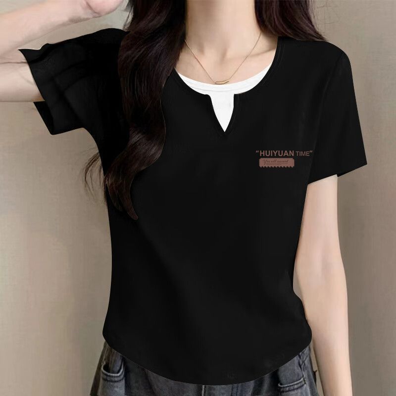 純綿半袖tシャツ女性2025夏の新型デザイン感裾のアーチ型偽の2つのユニークなつなぎ合わせ上着の潮|undefined
