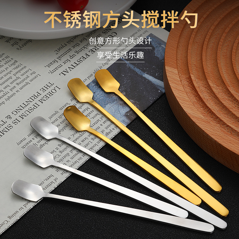 originality Stainless steel Square Stirring spoon Long handle Ice scoop Gold-plated a soup spoon Stainless steel Cutlery