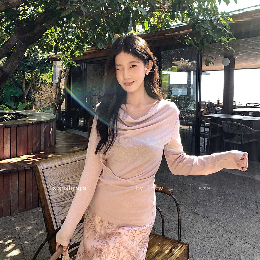 LS Elegant and Stylish Slim Fit Top with a Bow Neck, Solid Color, Versatile and Fitted, Guangzhou Thirteen Factories 2026 Spring New Arrival Top 61316