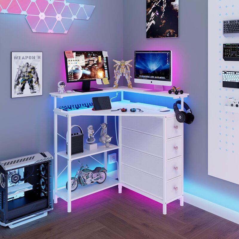 Corner Desk with Drawers and Bookshelf Triangular Computer Desk Gaming Desk with Power Outlets with Led Lights