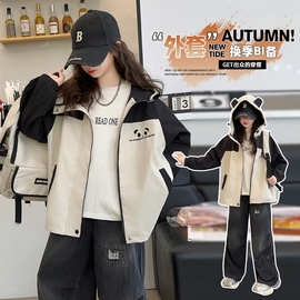 女童熊猫风衣外套秋装2024新款儿童上衣春秋洋气女孩冲锋衣衣服潮