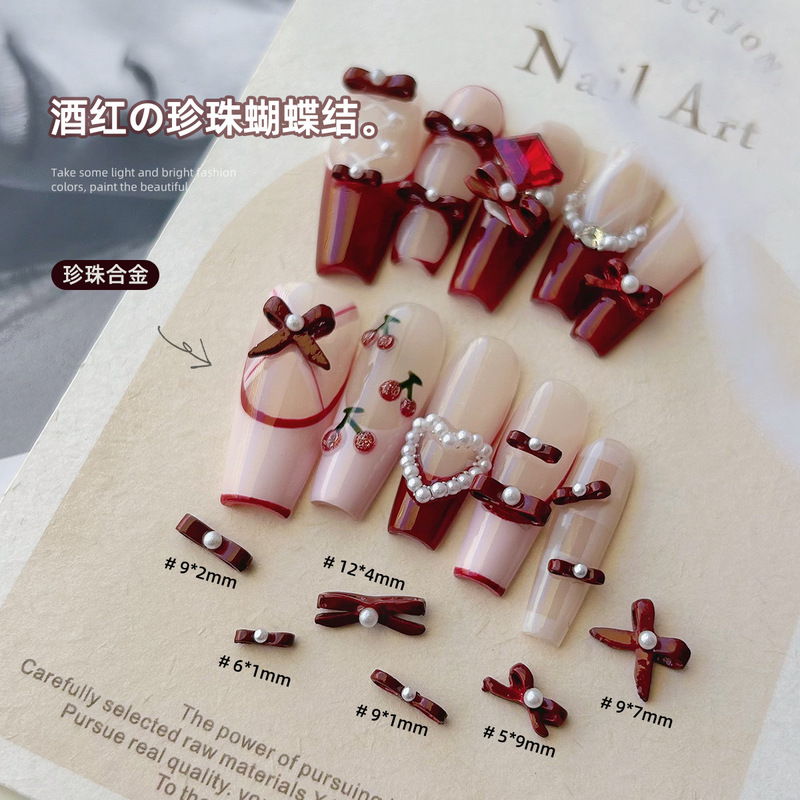 Bow nail jewelry diamond wholesale New Year wine red cherry color ballet shoes with Pearl nail alloy Diamond