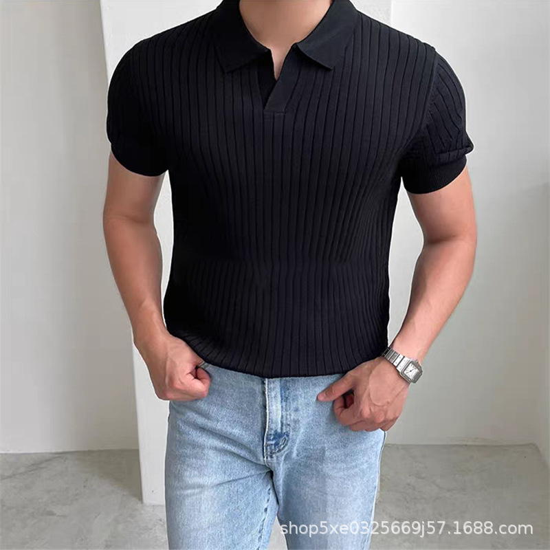 Camisa de polo de punto cruzado con cuello en v de productos europeos, suéter de manga corta elástico ajustado para hombre, solapa, camiseta fresca, suéter de seda helado