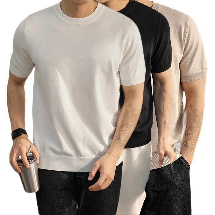 Cross-Border Popular European Size Large Size Short-Sleeved Knitwear Men's Light Mature Style Casual Business Inner Layering Shirt Factory Wholesale