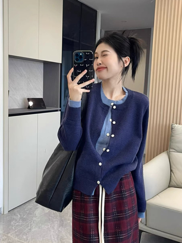 灰色设计感假两件针织开衫女春秋高级感上衣开春韩系穿搭毛衣外套|undefined