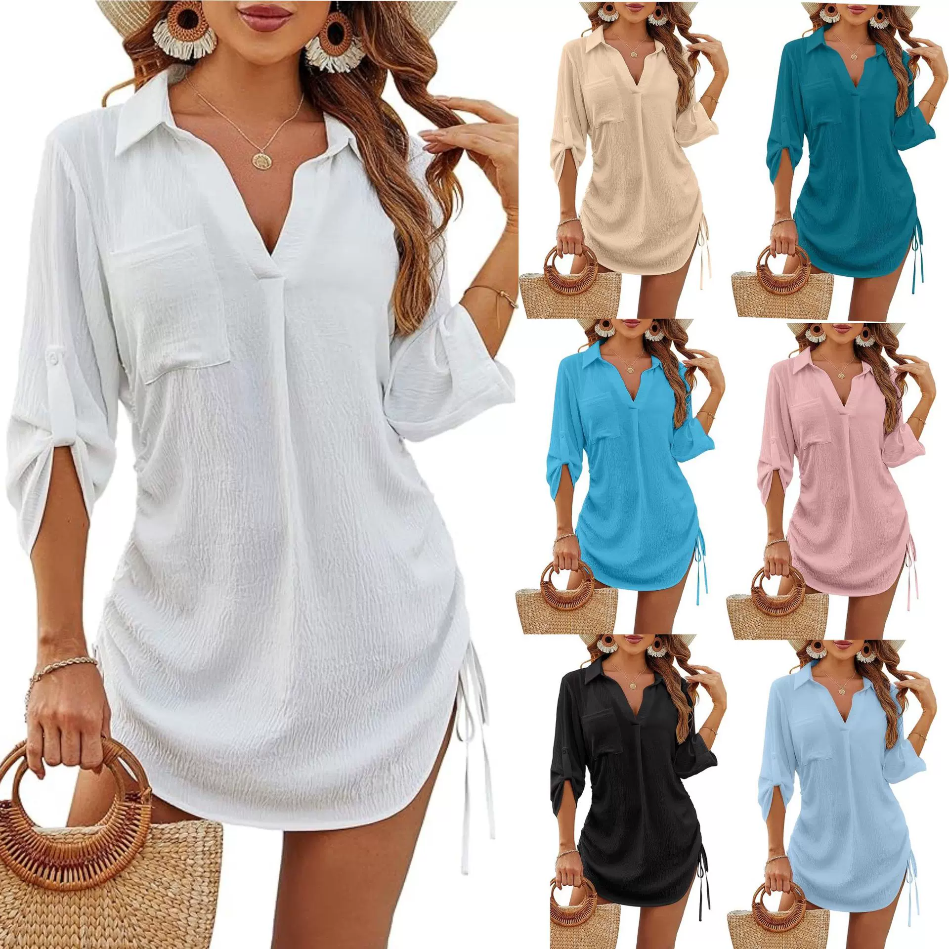 跨境2024外贸夏季新款女式泳衣罩衫比基尼抽绳沙滩连衣裙V领衬衫