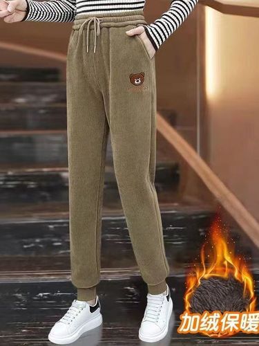 Women's  Autumn/Winter Thicker Fleece Lined High-Waisted Ankle Pants, Slimming Bear Embroidered Corduroy Casual Sports Pants