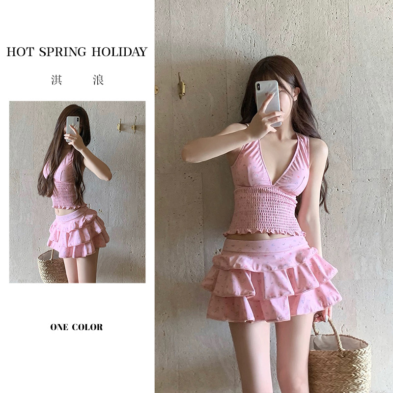 New Split Skirt Conservative Swimsuit Pure Lust Pink Floral Cake Skirt Cute and Sweet Slimming Hot Spring