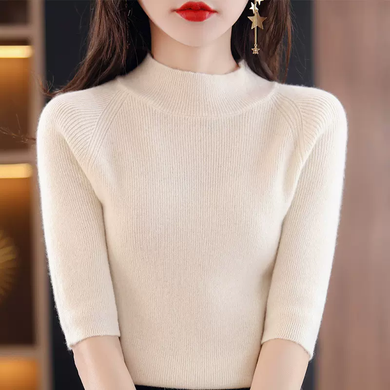 春节半高领中袖修身内搭打底衫上衣女2025新款纯色套头针织衫毛衣