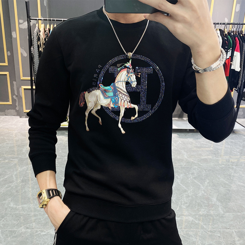 European Spring and Autumn New Men's Sweatshirt with H Horse Pattern, Rhinestone High-End Trendy Brand Ins Round Neck Pullover Base Shirt