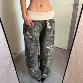 美式复古辣妹迷彩翻边螺纹拼接腰头牛仔裤女春夏宽松直筒显瘦长裤