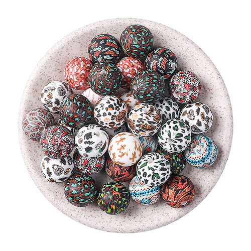 Silicone beads 15mm with factory honeycomb pattern, water transfer leopard print bracelet spacer beads, silicone scattered beads