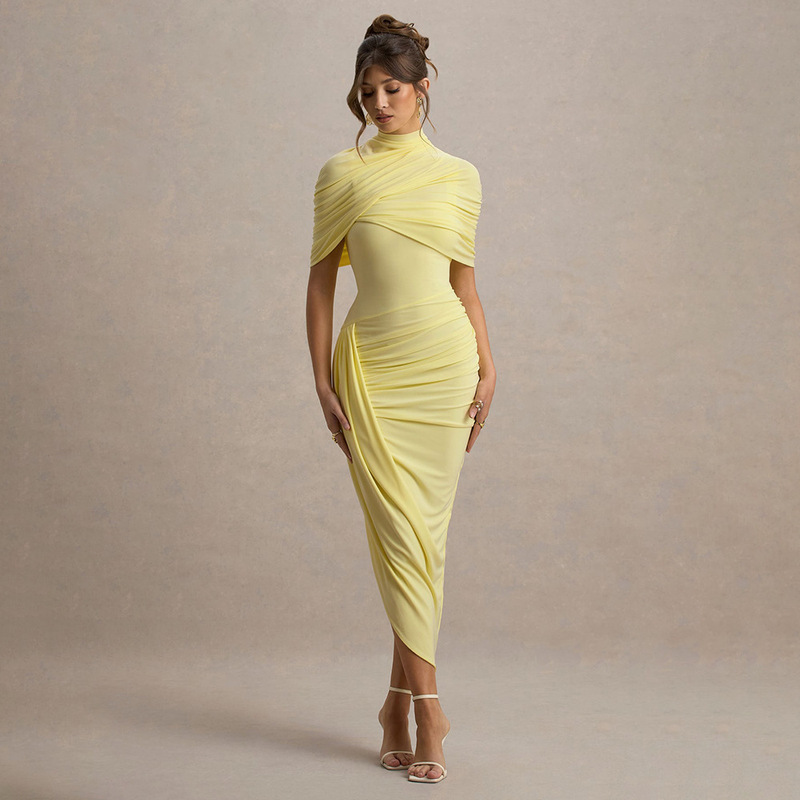 Cross-Border Wholesale European and American Women's Clothing Autumn New Solid Color Fashion Backless Shawl Pleated Slim Fit Bodycon Dress for Women Cross-Border Wholesale European and American Women's Clothing Autumn New Solid Color Fashion Backless Shawl Pleated Slim Fit Bodycon Dress for Women