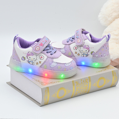 LED Lighted Cartoon KT Cat Slip-On Shoes for Girls and Toddlers Aged 1-3, Soft Sole Learning to Walk Shoes for Spring and Autumn