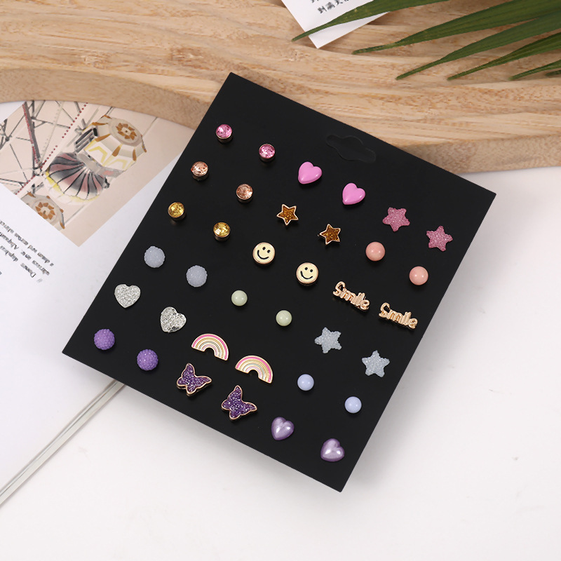 Cute Pentagram Rainbow Smiley Face Alloy Resin Plating Inlay Rhinestones Ear Studs 1 Set